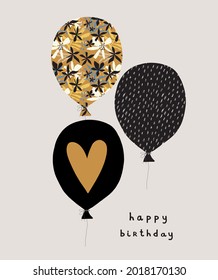 Lovely Birthday Card with Three Cute Balloons and Handwritten Wishes. Simple Vector Illustration with Balloon with Big Heart, White Spots and Abstract Flowers. 