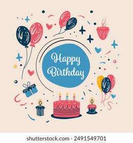 Lovely birthday greeting cards with cakes on colored background. Hand drawn vector illustration