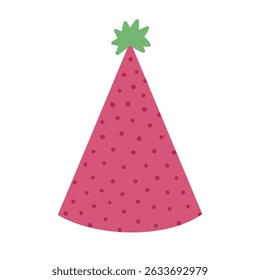 Lovely birthday party hat in bright colors with pompon above and dotted ornament. Patterned clown cone for circus, celebration. Cartoon flat Christmas and New Year cap isolated on white background.