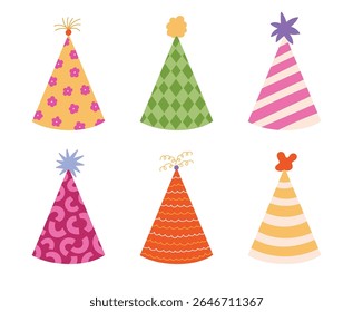 Lovely birthday party hat set with different pattern and star, fluffy pompons. Hand drawn cartoon paper cone for celebration, Christmas, circus clown. New Year cap collection isolated on background.