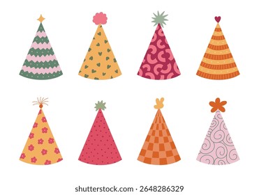 Lovely birthday party hat set with childish simple design pattern, funny pompons above. Hand drawn cartoon paper cap for festive costume. New Year head wear collection isolated on white background.