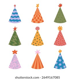 Lovely birthday party hat set in bright colors with star, stripes, heart, curl ornament. Hand drawn flat paper cone for carnival, event. Patterned Christmas cap collection isolated on background.