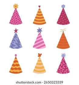 Lovely birthday party hat set with childish decoration, flower, star pompon above. Hand drawn cartoon paper cone doodle for festival, circus. Colorful New Year cap collection isolated on background.