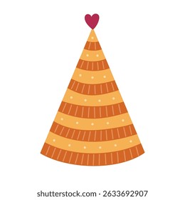 Lovely birthday party hat in vivid colours with heart above and ornament with horizontal stripes. Patterned party cone for carnival. Cartoon flat Christmas and New Year cap isolated on background.