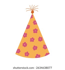 Lovely birthday party hat in vivid colours with funny pompon above and flower ornament. Patterned paper cone for circus, surprise. Cartoon flat Christmas and New Year cap isolated on white background.