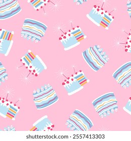  Lovely birthday pattern design with cakes on pink background. Festive artistic cover. Poster, business card, invitation, flyer, banner, email header, menu, wrapping paper, wallpaper