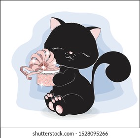 lovely black cat, kitten with gift box, decorated with bow. The picture in hand drawing style, can be used for t-shirt print, wear fashion design, greeting card, baby shower.