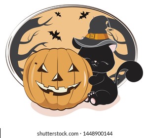 the lovely black cat, kitten, in the witch hat with a spider, embraces pumpkin, the Halloween drawing