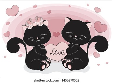 the lovely black cats couple with heart, kitten, sits and smile