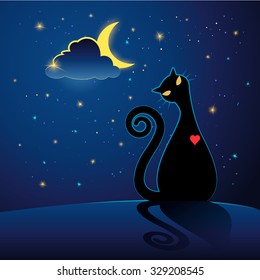 Lovely black cute cat cartoon with warm red heart  in the night. Deep blue sky with stars and moon in the clouds on background. Vector illustration.