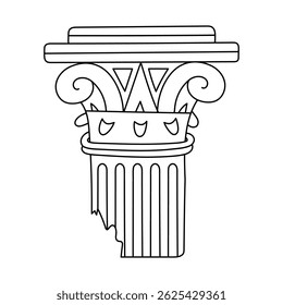 Lovely black and white antique Greek pillar with ruined bottom. Classical elegant marble column of Roman architectural temple, museum, capital. Hand drawn doodle of ancient architecture heritage.