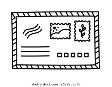 Lovely black and white blank airmail envelope with striped frame, postage stamps. marks, address line, index. Hand drawn USA post, correspondence paper with meadow and leaf picture isolated on white.