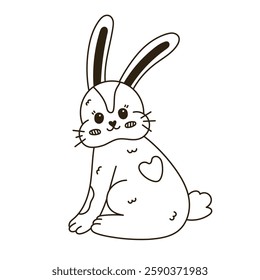 Lovely black and white Easter bunny with heart fur blob on back, turned around with joyful face. Funny hand drawn fuzzy rabbit for poster, card, web. Doodle sign of religious springtime holiday