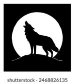 Lovely black and white image of a single wolf howling against a full moon
