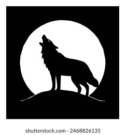 Lovely black and white image of a single wolf howling against a full moon