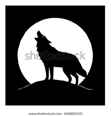 Lovely black and white image of a single wolf howling against a full moon