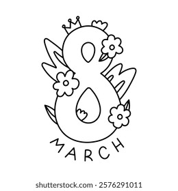 Lovely black and white lettering for International Womens Day with big number 8 in spring flowers, leaves. Hand drawn naive doodle for greeting card, poster design to celebrate gender equality