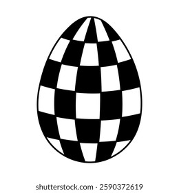 Lovely black and white painted egg with checkered pattern for Easter egg hunt. Trendy hand drawn doodle to celebrate religious springtime holiday, funny game isolated on white background.