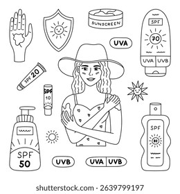 Lovely black and white set about sun protection. Hand drawn young lady applying sunblock, lotion, cream and spray with SPF, lipstick. Trendy doodle for prevention sunburn isolated on background.