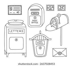 Lovely black and white set with different mailboxes. Vintage, standing on street, residential, public postbox for delivering mail. Diverse post office letter boxes doodle isolated on background.