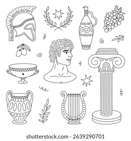 Lovely black and white set of medieval Greece symbols, classical sculpture, pillar, ornate jars, spartan helmet, musical lyre, grape. Hand drawn trendy ancient Greek doodle for design, media, print.