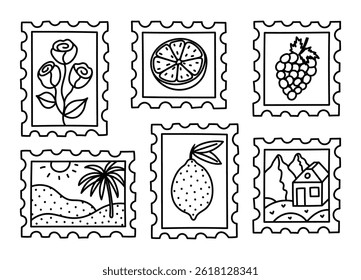Adorável conjunto preto e branco de selo postal com imagem de deserto solitário com palma, casa em montanhas de inverno, rosas, limão, uva. Autocolantes de cartão postal retro doodle isolado no fundo.
