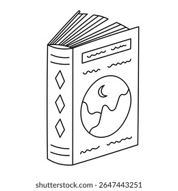 Adorável preto e branco de pé ligeiramente livro aberto com capa com imagem de lua e montanhas. Bela literatura desenhada à mão, caderno, histórias fantásticas. Leia, conhecimento, rato de rato de biblioteca.