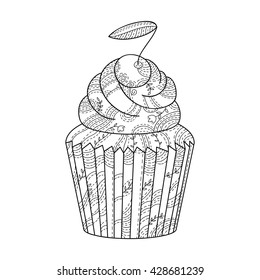 Lovely black and white  vector cupcake icon with cherry.