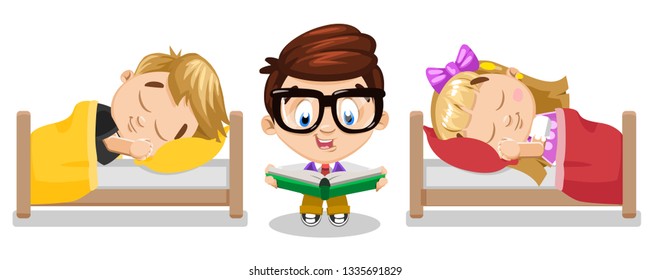 Lovely blond boy and girl are ready to sleep in beds. Spectacled father or elder brother read a book, bedtime story, fairytale. Cartoon illustration isolated on white background.