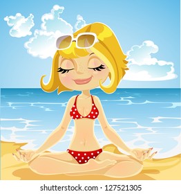 Lovely blonde in a bathing suit practices yoga on beach