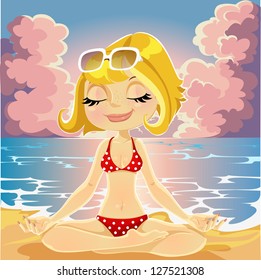 Lovely blonde in a bathing suit practices yoga on an evening beach