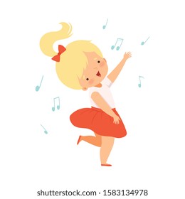 Lovely Blonde Girl Singing and Dancing, Adorable Kid Having Fun and Enjoying Listening to Music Cartoon Vector Illustration
