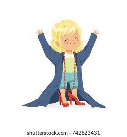 Lovely blonde girl wearing dult oversized clothes and red high heels, kid pretending to be adult vector Illustration