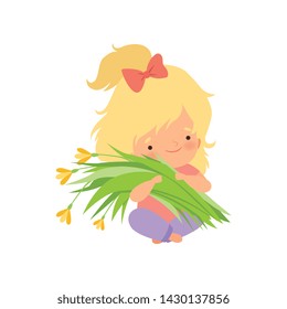 Lovely Blonde Little Girl with Bouquet of Meadow Flowers, Adorable Little Kid Cartoon Character Vector Illustration