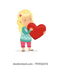 Lovely blonde little girl holding red heart, Happy Valentines Day concept, love and relationships vector Illustration