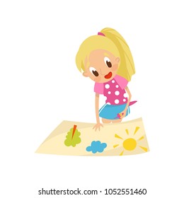 Lovely blonde little girl making paper application with glue, education and child development concept vector Illustration on a white background