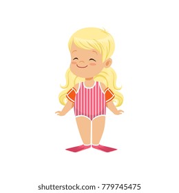Lovely blonde little girl wearing swimming sleeves, kid playing at the beach, happy infants outdoor activity on summer vacations vector Illustration