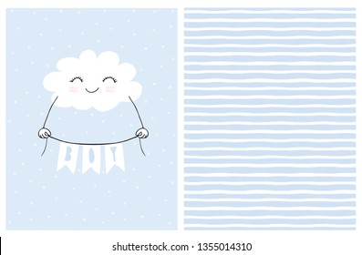 Lovely Blue Baby Shower Vector Card. Smiling White Fluffy Cloud Holding a Banner with the Inscription Boy. Cute Hand Drawn Cloud on a Light Blue Background. Irregular Stripped Vector Pattern.