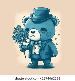 lovely blue beer cartoon character wearing suit and hat and holding flowers. vector illustration