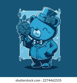 lovely blue beer cartoon character wearing suit and hat and holding flowers. vector illustration