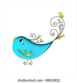 Lovely blue bird with floral elements on white background