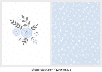 Lovely Blue Bouquet Vector Card and Floral Pattern. Blue Abstract Flowers Gray Twigs and Leaves. Infantile Style  Design. White Background with Delicate Dots. Soft White Leaves on Blue Background.