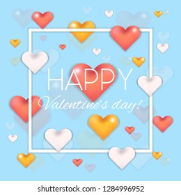 Lovely blue card with pink, golden and silver 3d hearts with shadow and thin square white frame for Valentines day design. Passion background for 14 february celebration with heart drops