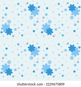 The lovely blue flowers scattered all over the light blue tone background. It is also decorated with small circles around it as a seamless pattern that looks cute and bright.