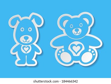 Lovely blue vector teddy bear and dog labels
