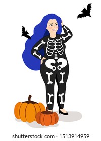 Lovely blue-haired girl in in a skeleton costume.  Flat stile vactor illustration on white background