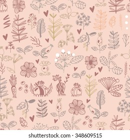 Lovely botanical background of plants, flowers, branches, forest berries and ect.. Vector wallpaper in gentle colors. Seamless pattern can be used for wallpapers, pattern fills, surface textures.
