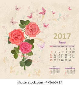 lovely bouquet of pink roses on grunge background. Vintage Calendar for 2017, June