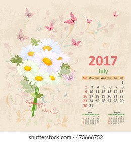 lovely bouquet of white daisies on grunge background. Vintage Calendar for 2017, July
