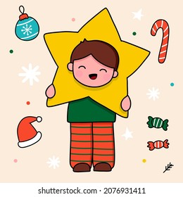 Lovely boy in elf mascot with yellow star, christmas items such as santa hat, hanging ball can dy and candy cane on brown background, vector illustration